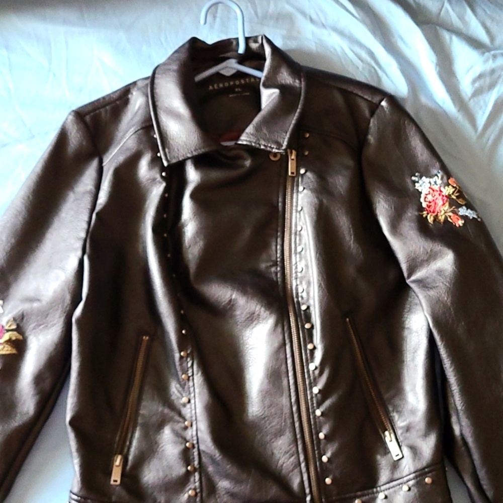 Aeropostale xl faux leather jacket with floral stitching